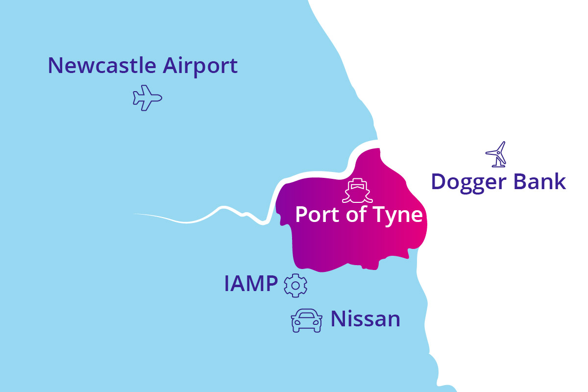 Map outline with various features of South Tyneside highlighted