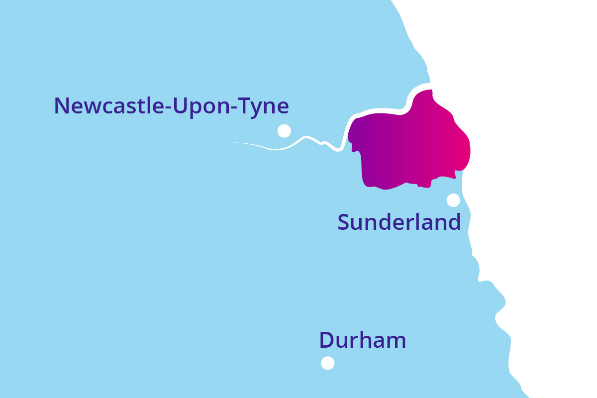 Map outline with Newcastle-Upon-Tyne, Sunderland and Durham highlighted