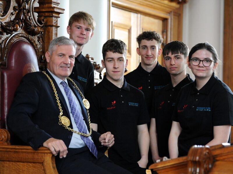 Councillor John McCabe, Mayor of South Tyneside with Equinor's work experience students from Whitburn Church of England Academy and one from George Stephenson High