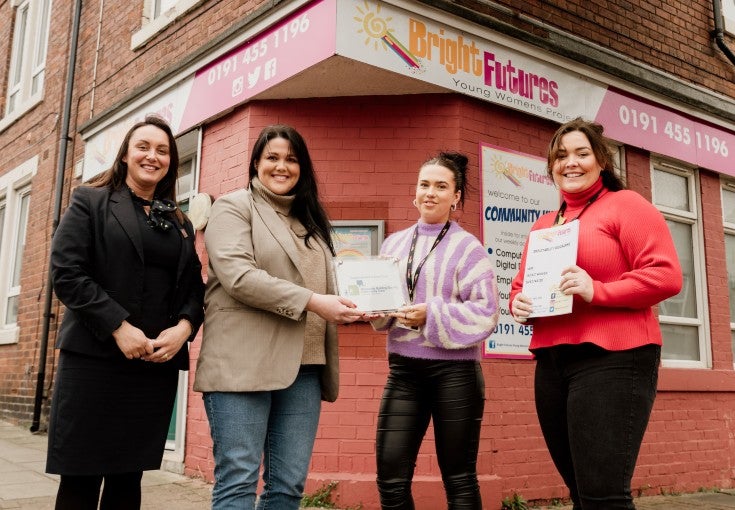 L-R: Donna Brown, Newcastle Building Society's South Shields Assistant Branch Manager; Nicola Hands, Newcastle Building Society's Head of IT Delivery, with Hannah Woodward, Youth Worker, and Dominique Hendry, Project Manager at Bright Futures.