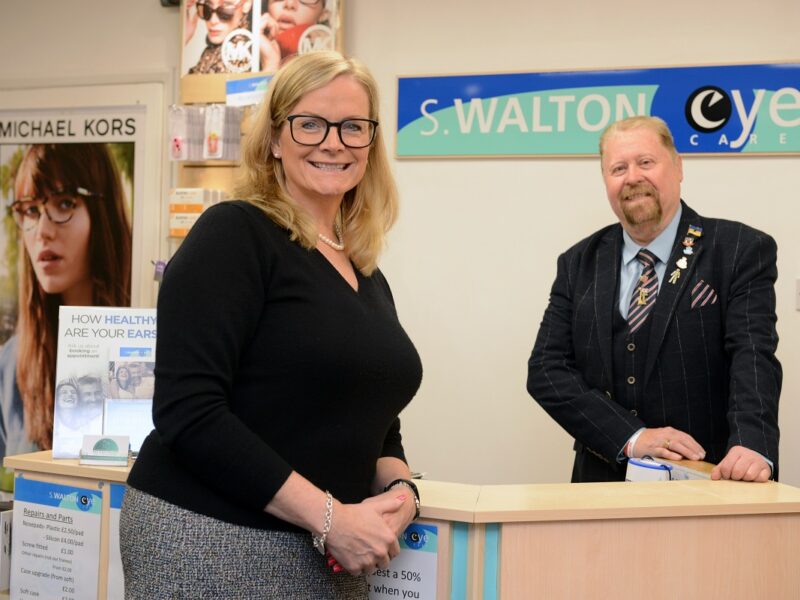 Kaye Winship, Director of S Walton Eyecare with Cllr Paul Dean, Lead Member for Voluntary Sector, Partnerships and Equalities
