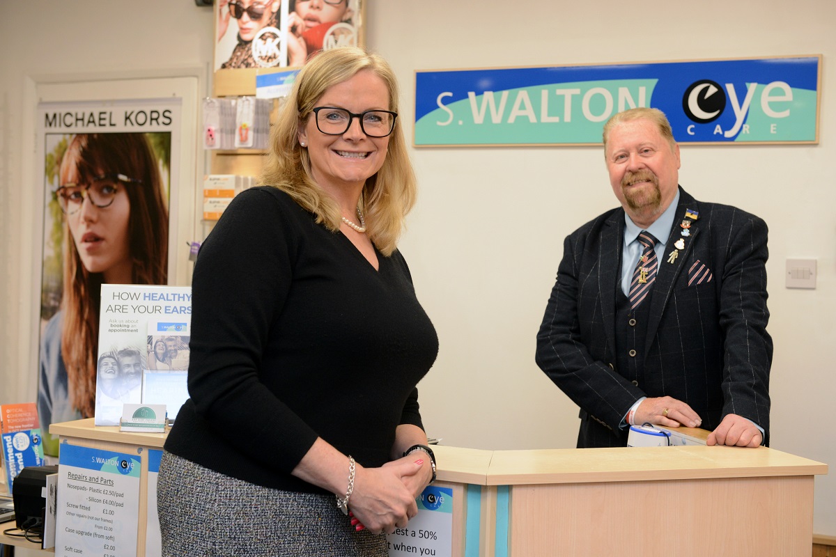 Kaye Winship, Director of S Walton Eyecare with Cllr Paul Dean, Lead Member for Voluntary Sector, Partnerships and Equalities