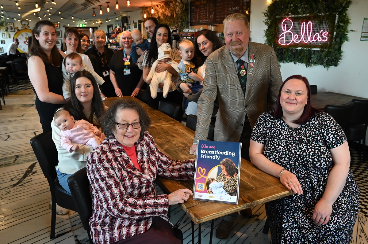 Councillor Ruth Berkley, Lead Member for Adults, Health and Independence at South Tyneside Council, with Kelly Anders, Chief Executive at the Customs House; Councillor Paul Dean, Lead Member for the Voluntary Sector, Partnerships, and Equalities with new mothers and babies from across the borough.