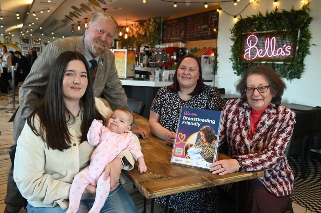 New mother Kate Tollerton with baby Elizabeth; Councillor Paul Dean, Lead Member for the Voluntary Sector Partnerships and Equalities at South Tyneside Council; Kelly Anders, Chief Executive at the Customs House and Councillor Ruth Berkley, Lead Member for Adults, Health and Independence