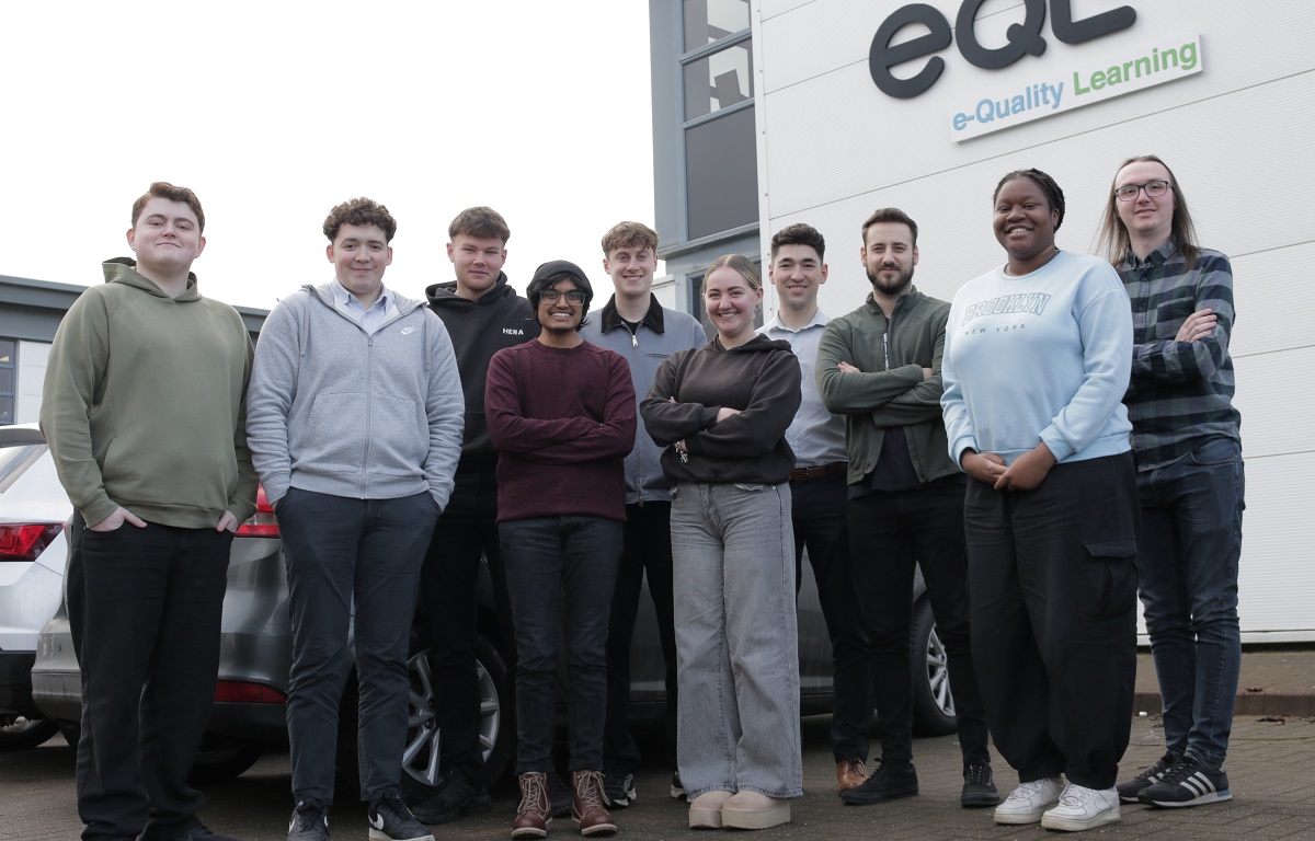 From left to right: eQS Group Software Installation Engineer and Dispatch Operative Apprentice Lennon Paxton, Finance Apprentice Arran Martin, Business Administrator Apprentice Luke Clements, Business Administrator Apprentice Pavan Bhardwaj, Business Administrator Apprentice Jack Cutts, Customer Service Administrator Apprentice Cate Weatherson, Assistant Management Accountant Sam Waddle, Process Improvement Lead Jack Fisher, and Software Installation Engineer and Dispatch Operative Apprentices Vanessa Musakanya and Nathan Jones.