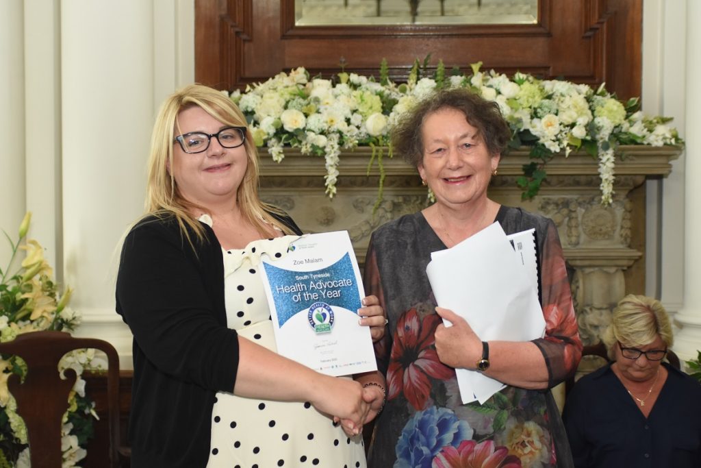Zoe Mallam, Cell Pack Solutions (left) presented with the South Tyneside Health Advocate of the Year Award from Councillor Ruth Berkley, Lead Member for Adults, Health and Independence at South Tyneside Council (right)
