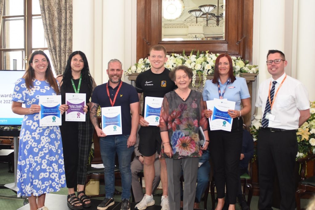 Representatives from Groundwork South and North Tyneside; South Tyneside Council; Jarrow School; Ford Engineering receiving the Maintaining Excellence Awards at the Better Health at Work Awards with with Councillor Ruth Berkley, Lead Member for Adults, Health and Independence at South Tyneside Council (right).