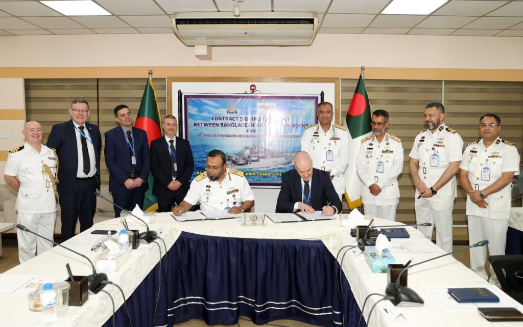 Blangladesh Rear Admiral Md. Safiquer Rahman, assistant chief of Naval Staff (Logistics) signs the landmark agreement with UK Docks MD, Jonathan Wilson.