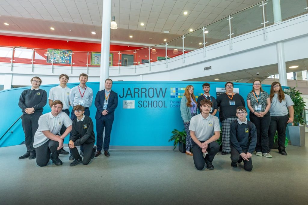 Pupils from Jarrow School pictured with Harry Chadwick from Dogger Bank Wind Farm, South Tyneside Council's Alex Whelan to the left. Teacher Charlotte Ridley with Carolyn Adgar and business representative from the Young Enterprise Programme to the right