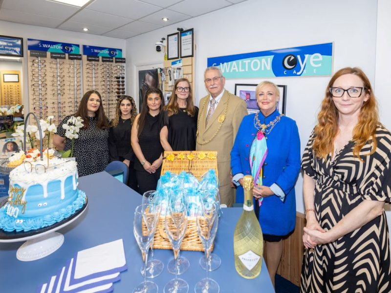 Kaye Winship and S. Walton Eyecare’s staff with The Mayor and Mayoress of South Tyneside to mark the firm's 100th anniversary